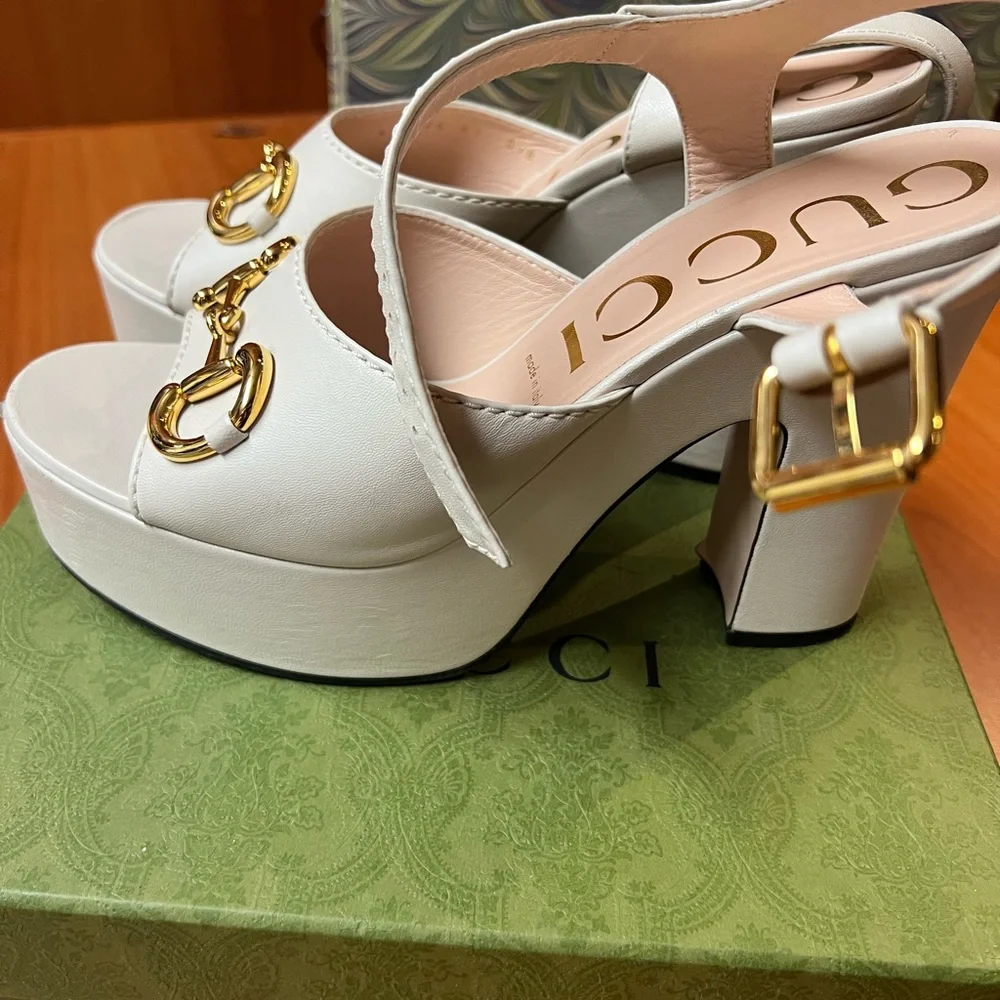 Gucci Horsebit White Platform Sandals with Gold Accents size 41 - Picture 3 of 8